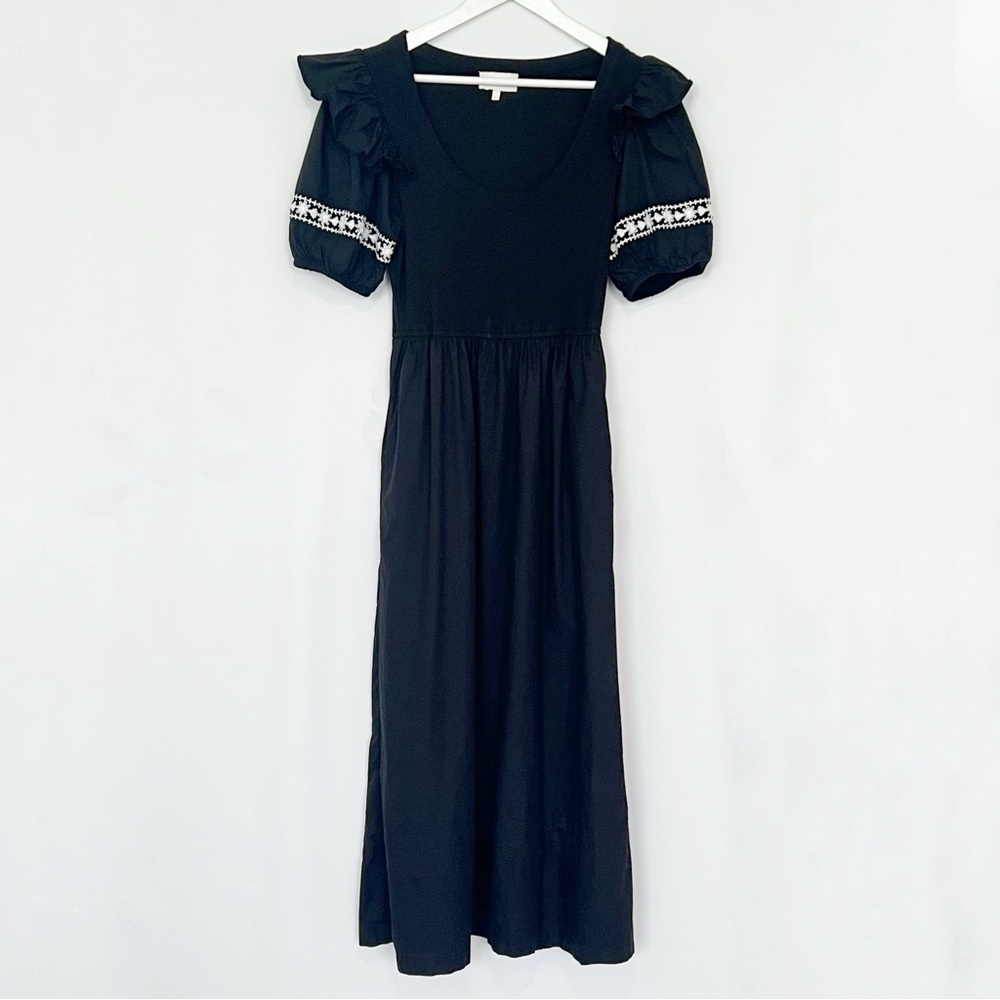 Cleobella Selma Black Midi Dress Puff Sleeve Embroidered Boho Cotton Size S - Picture 7 of 13